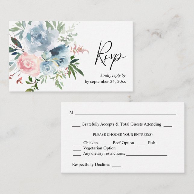 Budget Dusty Blue &Blush Pink Floral 2SM Meal RSVP Enclosure Card (Front/Back)