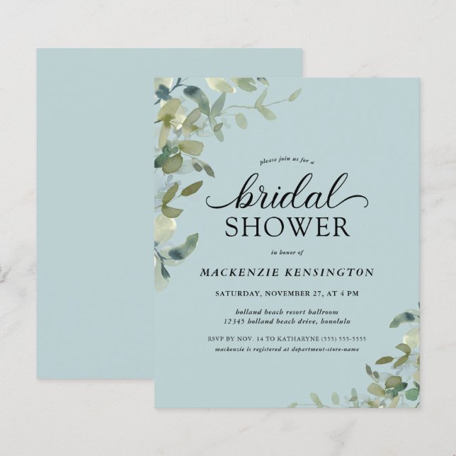 Budget Dusty Blue Botanical Bridal Shower  (Front/Back)