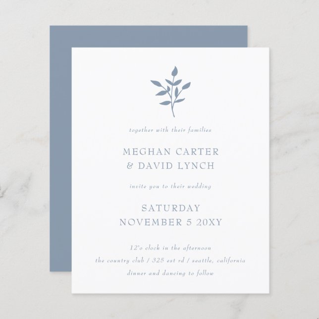Budget Dusty Blue Botanical Wedding Invitation (Front/Back)