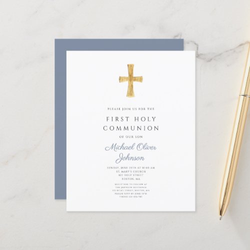 Budget Dusty Blue Boy First Communion Invitation