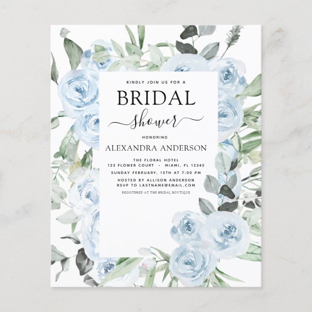 Budget Dusty Blue Bridal Shower Floral Greenery Flyer (Front)
