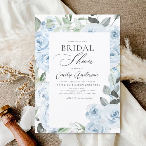 Budget Dusty Blue Bridal Shower Floral Invitation