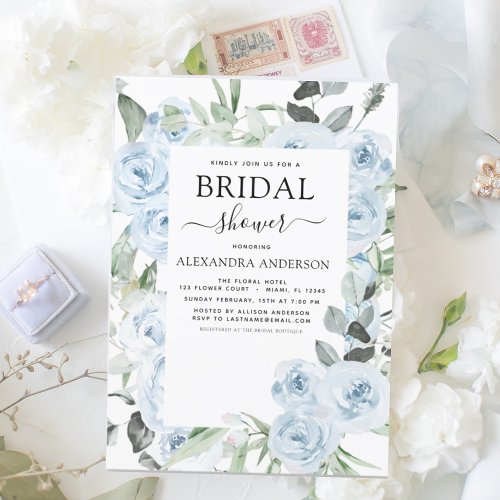 Budget Dusty Blue Bridal Shower Floral Invitation