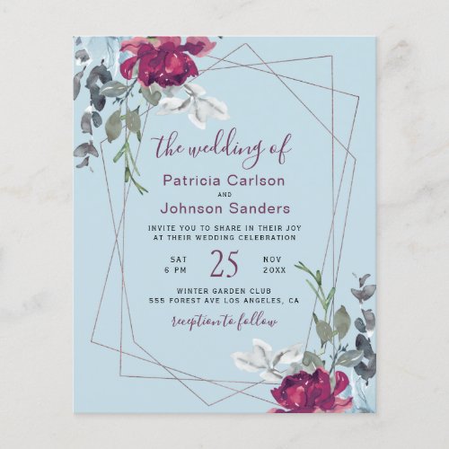 Budget dusty blue burgundy chic wedding invitation flyer