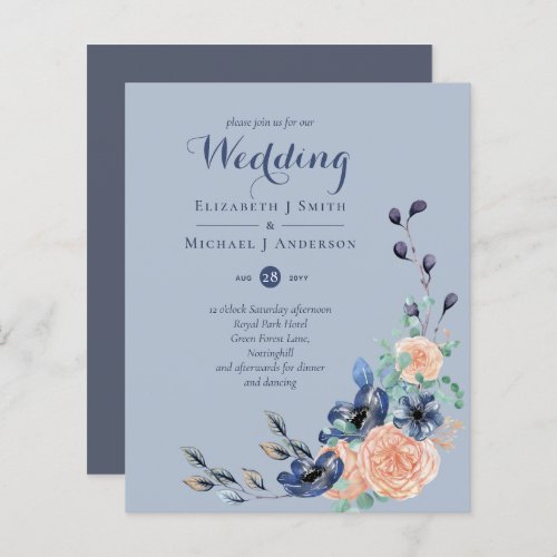 Budget Dusty Blue Coral Floral Wedding Invites