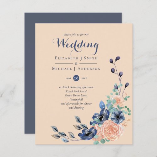 Budget Dusty Blue Coral Floral Wedding Invites