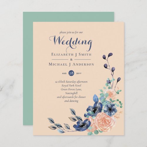Budget Dusty Blue Coral Sage Floral Wedding Invite