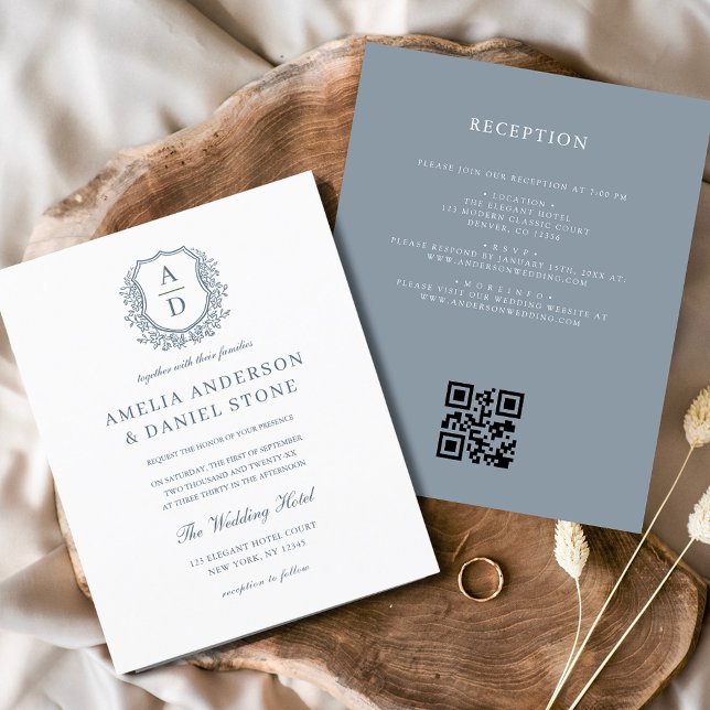 Budget Dusty Blue Crest Monogram Wedding QR Code Flyer (Creator Uploaded)