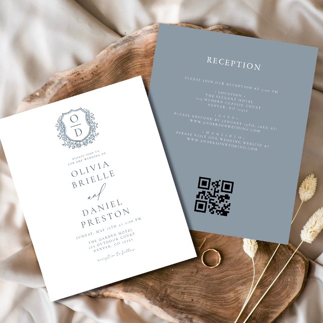 Budget Dusty Blue Crest Monogram Wedding QR Code Flyer (Creator Uploaded)