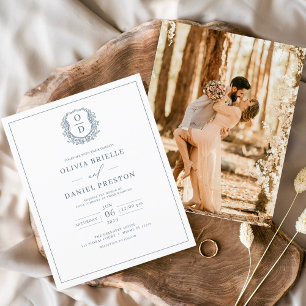 Budget Dusty Blue Crest Photo Wedding Invitation