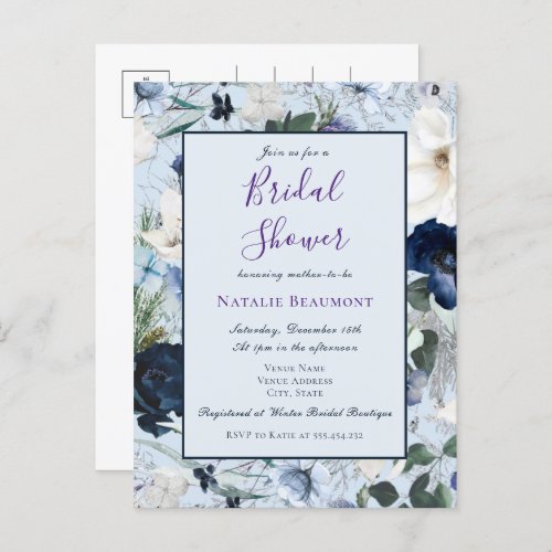 Budget Dusty Blue Elegant Floral Bridal Shower Invitation Postcard