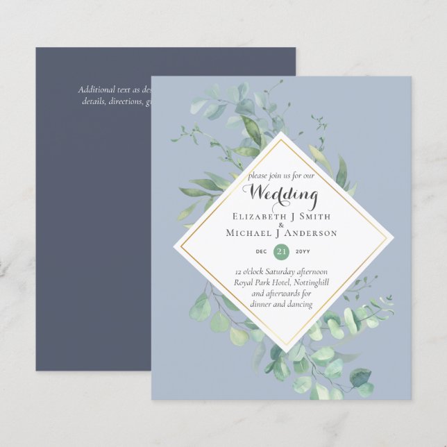 Budget Dusty Blue Eucalyptus Wedding Invites (Front/Back)