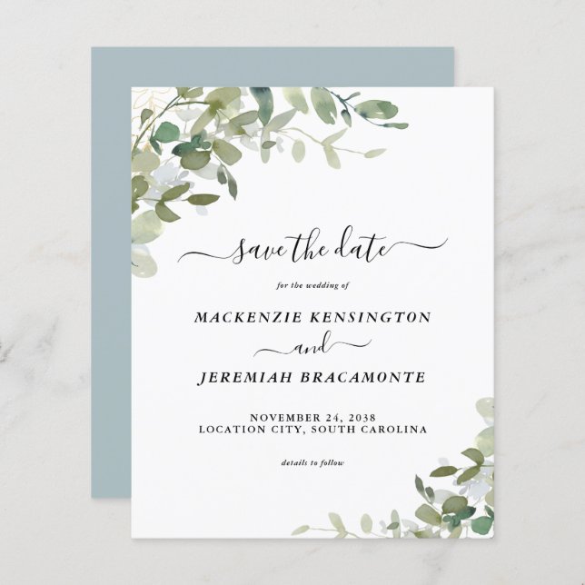 Budget Dusty Blue Eucalyptus Wedding Save the Date (Front/Back)
