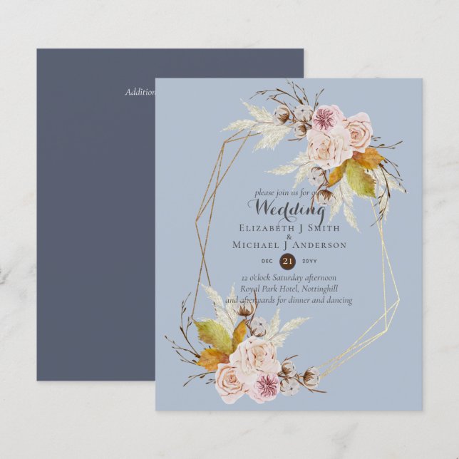Budget Dusty Blue Fall Floral Wedding Invites (Front/Back)