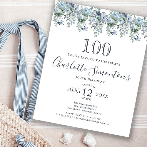 Budget Dusty Blue Floral 100th Birthday Invitation