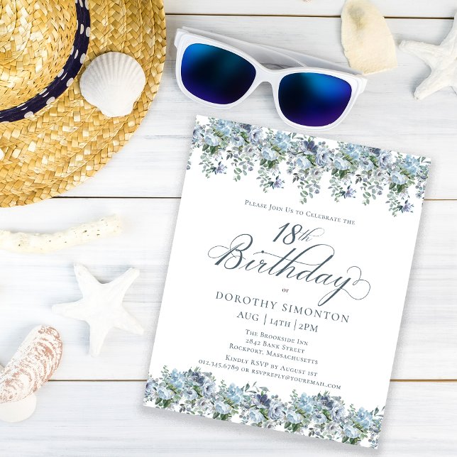 Budget Dusty Blue Floral 18th Birthday Invitation (Creator Uploaded)