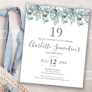 Budget Dusty Blue Floral 19th Birthday Invitation