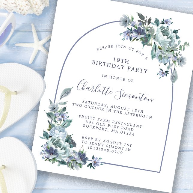 Budget Dusty Blue Floral 19th Birthday Invitation (Creator Uploaded)