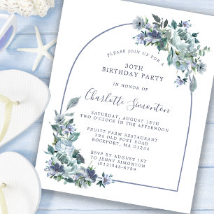 Budget Dusty Blue Floral 30th Birthday Invitation