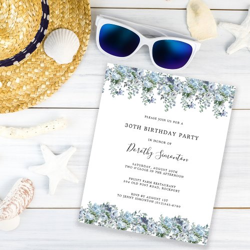 Budget Dusty Blue Floral 30th Birthday Invitation