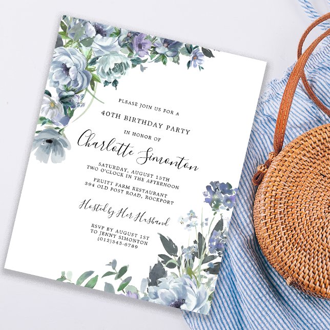 Budget Dusty Blue Floral 40th Birthday Invitation (Creator Uploaded)