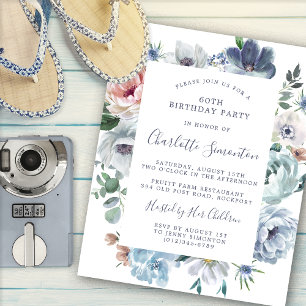 Budget Dusty Blue Floral 60th Birthday Invitation