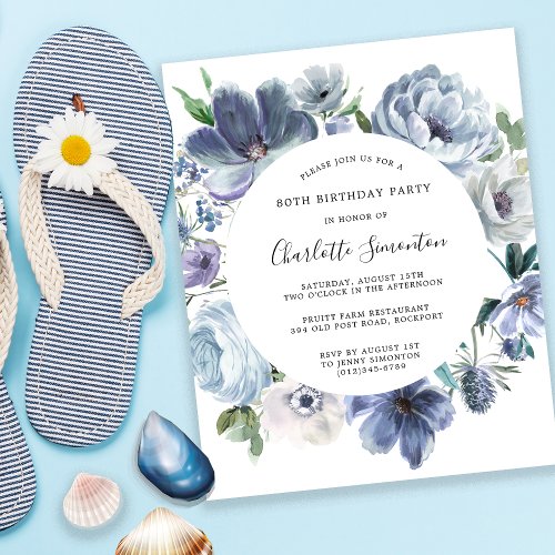 Budget Dusty Blue Floral 80th Birthday Invitation