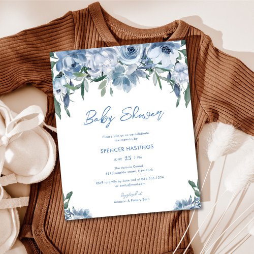 Budget Dusty Blue Floral Baby Boy Shower Invites Flyer