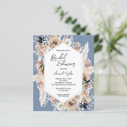 Budget Dusty Blue Floral Boho Bridal Shower Invite
