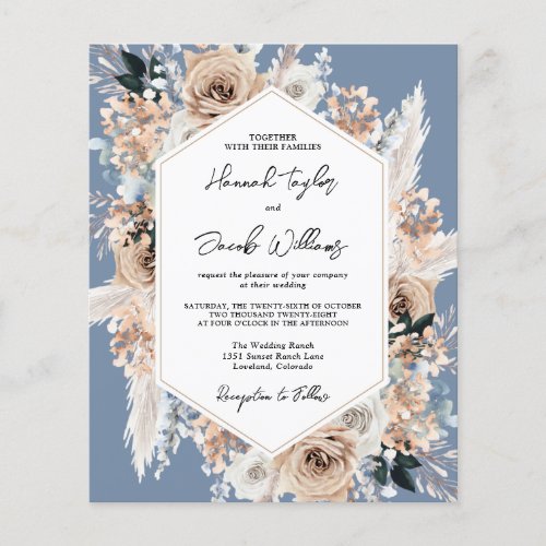 Budget Dusty Blue Floral Boho Wedding Invitation