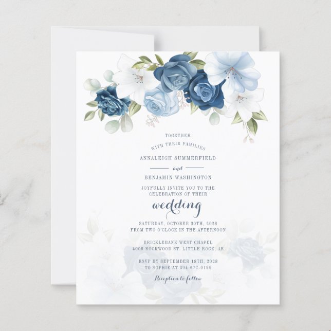 Budget Dusty Blue Floral Botanical Wedding Invite (Front)