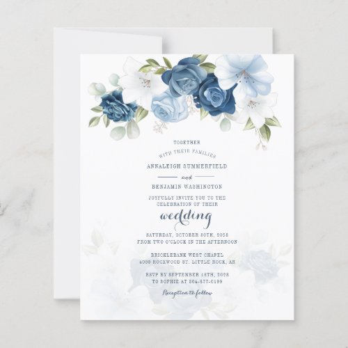 Budget Dusty Blue Floral Botanical Wedding Invite