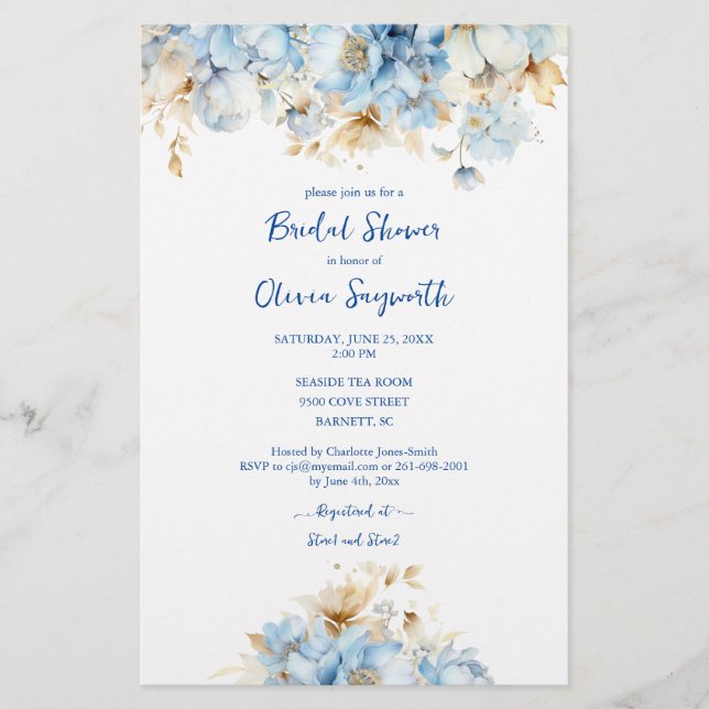 Budget Dusty Blue Floral Bridal Shower Flyer (Front)