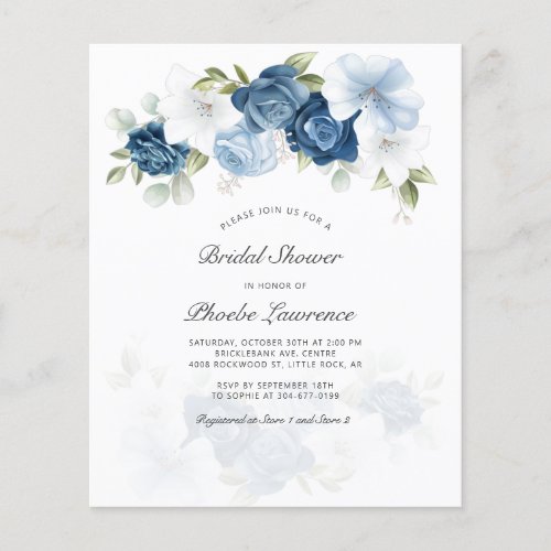 Budget Dusty Blue Floral Bridal Shower Invitation