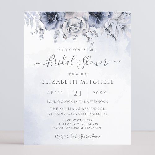 Budget Dusty Blue Floral Bridal Shower Invitation