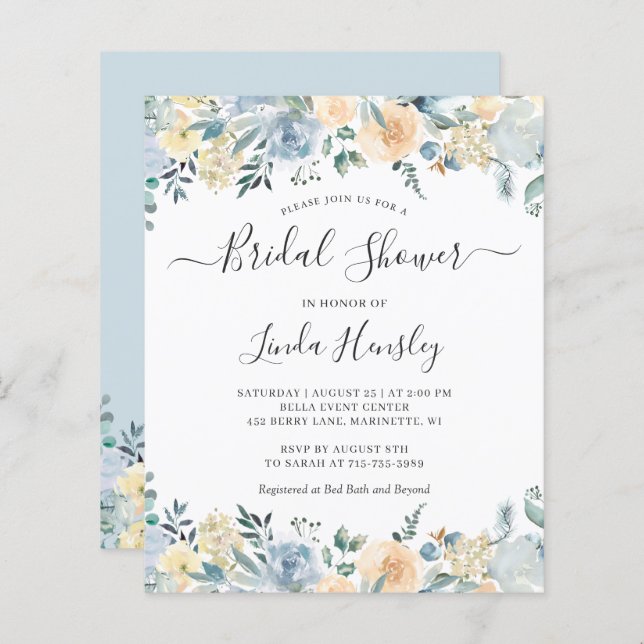 Budget Dusty Blue Floral Bridal Shower Invitation (Front/Back)