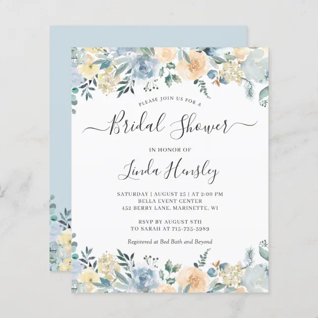 Budget Dusty Blue Floral Bridal Shower Invitation | Zazzle