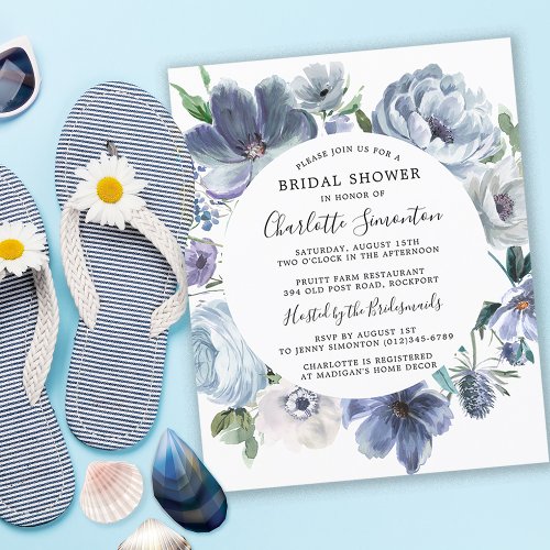 Budget Dusty Blue Floral Bridal Shower Invite