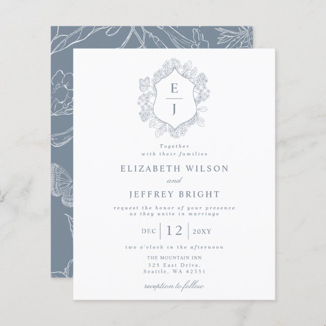 Budget Dusty Blue Floral Crest Monogram Invitation (Front/Back)