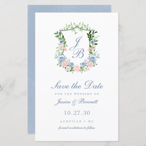 Budget Dusty Blue Floral Crest Save the Date