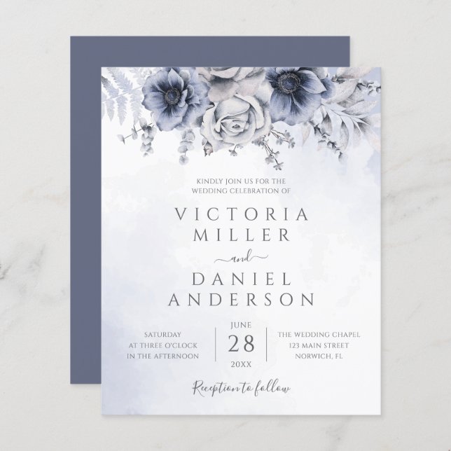 Budget Dusty Blue Floral Elegant Wedding Invite (Front/Back)