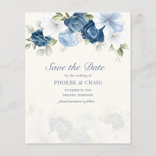 Budget Dusty Blue Floral Eucalyptus Save The Date