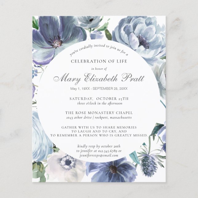 Budget Dusty Blue Floral Funeral Invitation (Front)