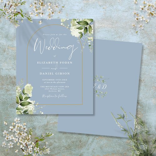 Budget Dusty Blue Floral Gold Arch Wedding Invite