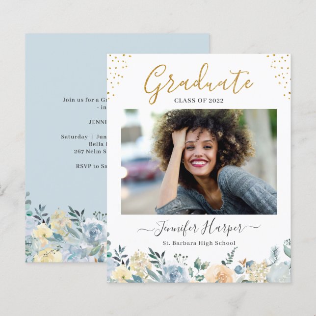 Budget Dusty Blue Floral Graduation Announcement (Front/Back)
