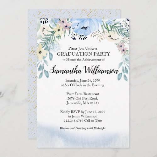 Budget Dusty Blue Floral Graduation Party Invitation