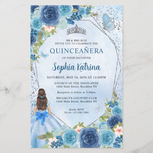 Budget Dusty Blue Floral Gray Princess Quinceañera (Front)