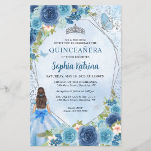 Budget Dusty Blue Floral Gray Princess Quinceañera
