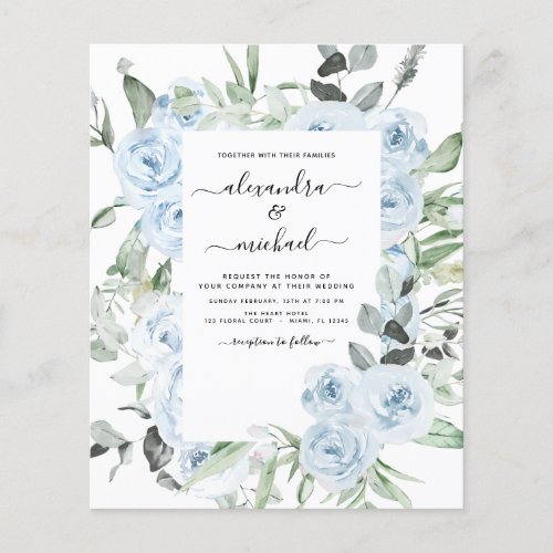 Budget Dusty Blue Floral Greenery Wedding Flyer