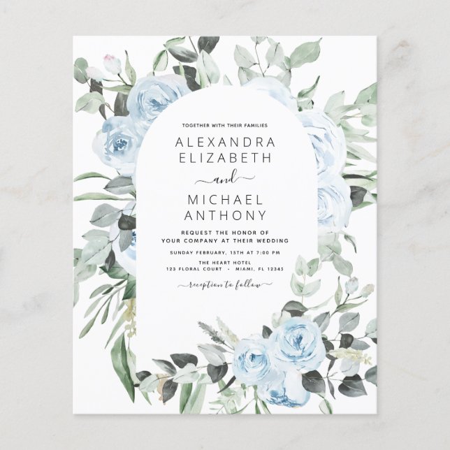 Budget Dusty Blue Floral Greenery Wedding Flyer (Front)